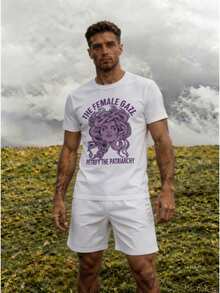 Conjunto para hombre estilo streetwear artístico con ilustración gráfica y texto algodón cómodo ajuste holgado cuello redondo manga corta primavera verano uso casual set de playera y shorts - Blanco 1 - Ver 2
