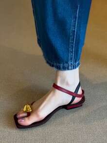 French Retro Metal Toe Ring Sandals For Women, Versatile Minimalist Casual Thick Strap Combination Chunky Heel Sandals For Summer - Red - View 6