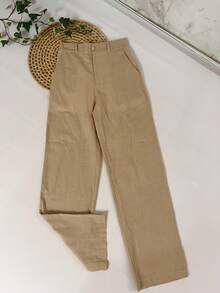 Linen Set With Three-Quarter Sleeves And High-Waisted Pants With Elastic Waistband | Lightweight Fabric - 卡其色 - 查看 9