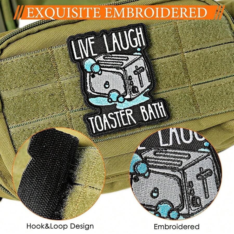 1 件装“Live Laugh”烤面包机图案浴室贴片，刺绣魔术贴贴片，趣味表情包贴片，适用于战术背包、狗背带、军用背心、健身包、帽子、头盔