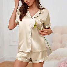 Summer Silk Satin Women Set Button Down Top & Shorts 2 Pieces Sleepwear Notched Collar Nightwear Loungewear Women - 黑色 - 查看 10
