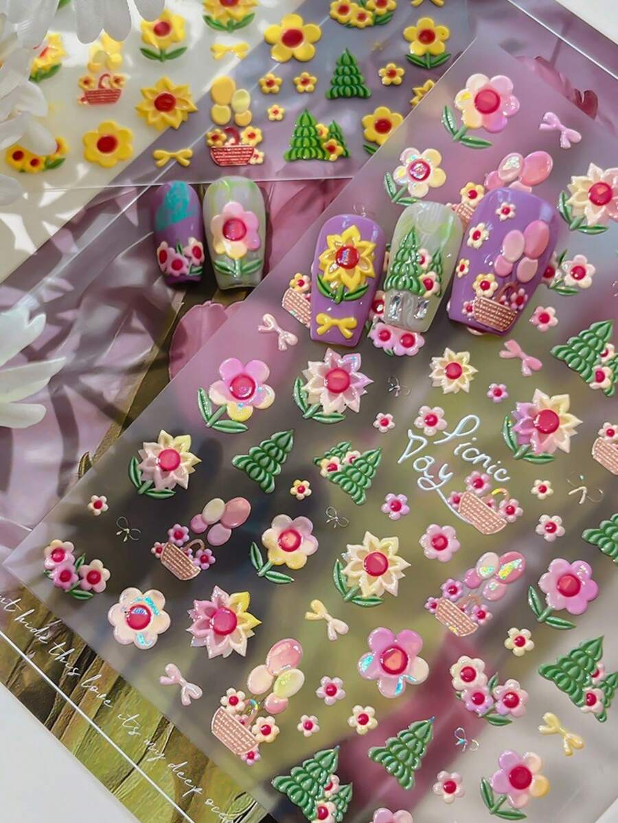 Sunflower Flowers Nail Art Sticker, 1pc Self-Adhesive DIY Nail Stickers And Decals - Nail Supplies And Nail Charms Nail Tools For Girls And Women- Spring Summer Nails For Nail Art Home Salon