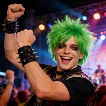 活力绿色短款凌乱直发动漫角色扮演假发，带刘海，男女皆宜，朋克摇滚风格，蓬松层次剪裁，耐热合成纤维，带刘海，多功能角色扮演假发，适合节日、圣帕特里克节、派对、音乐节和舞台表演——均码，易于佩戴和造型——适合大多数人 - 綠色 - 查看 3