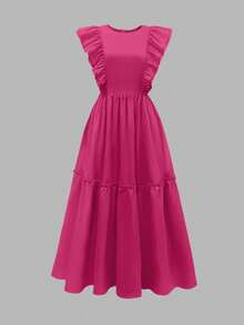 Plus Size Women's Elegant Vacation Solid Color Cap Sleeve Ruched Patchwork Short Casual Dress, Spring/Summer - Hot Pink - View 2