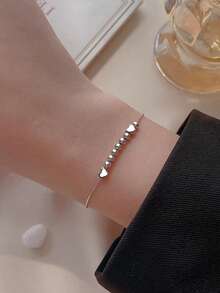 1pc S925 Sterling Silver Minimalist Cute Sweet Beaded Heart Bracelet, Versatile Daily Wear For Women - Silver - View 6