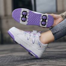 Teens' Casual Roller Skates, 4-Wheel Invisible Transformable Lace Roller Shoes With Removable Wheels, Minimalist Color Scheme Fashion Sports Skating Shoes For Men And Women - Mauve Purple - View 3