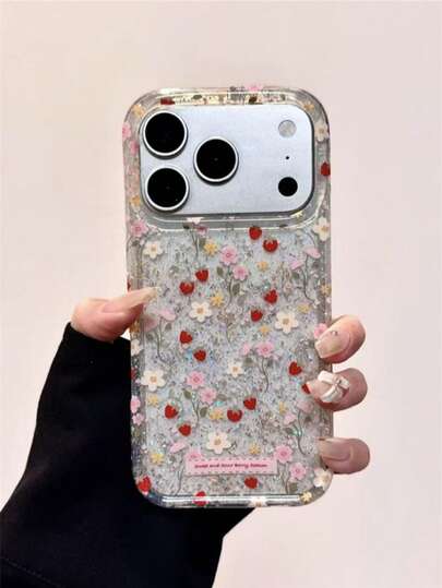 Strawberry Flower Pattern Phone Case, Suitable For IPhone 17 Pro Max, 17 Pro, 17 Air, 17, 15, 16 Pro Max, 14 Pro, 13, 12, 11, Comes With A Soft Back Cover, An Ideal Gift For Girls