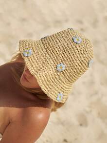 1 chiếc mũ rơm gấp gọn điều chỉnh được dành cho nữ, mũ chống nắng đi biển họa tiết hoa với vành rộng, mũ mùa hè. - Nhiều màu - Xem 2