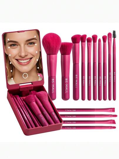  Juego de brochas de maquillaje para viaje BS-MALL con 14 piezas, incluye brochas para base, polvos, correctores, sombras de ojos y espejo con luz LED