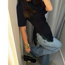 LUIZA T-SHIRT WITH LACE AND SLIT - Black - View 1