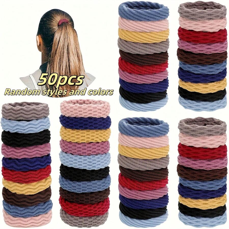 50 Seamless Elastic Hair Ties - Suitable For Thick, Curly Hair, Featuring High Elasticity And No Marks. The Colors Are Randomly Selected, With Multiple Options Available (Pink, Blue, Yellow, Red, Black, Gray - 50個彩色 - 查看 1