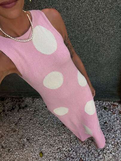 Đầm dệt kim chấm bi không tay thời trang, đầm ôm dáng thanh lịch dành cho nữ, thích hợp cho ngày Valentine, lễ hội Carnival, đầm chấm bi đen.