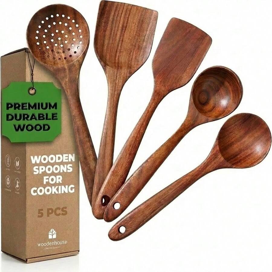 Premium 5-Piece Wooden Cooking Utensil Set, Natural Wood Spoons And Spatulas For Non-Stick Cookware, Easy-To-Clean & Scratch-Free Wooden Spatulas,Heat Resistant Kitchen ToolsNonstick Pans, Perfect Housewarming Cooking Gift - 棕色 - 查看 1