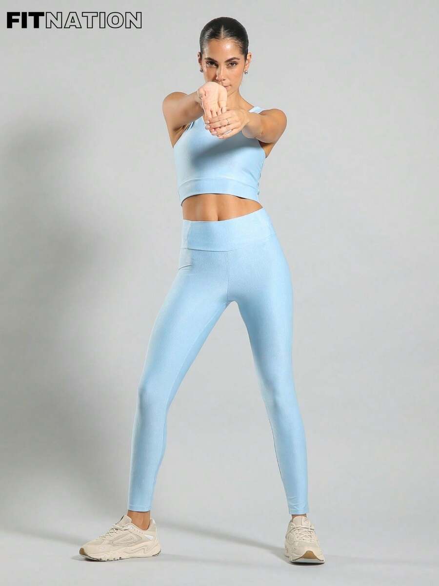 FITNATION Leggings Set With Waistband Pocket + Longline Cropped Top In Micro-Ribbed Fabric With SHINE And HIGH Elasticity And Support. - Light Blue - View 1