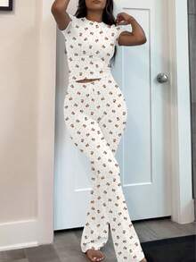 LovelyWholesale 女士夏季圆领短袖小熊图案T恤和抽绳喇叭裤套装，休闲白色 - 白色 - 查看 1