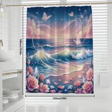 Conjunto de cortina de chuveiro multifuncional com estampa de paisagem de praia, diamantes florais e borboletas (1 peça/4 peças), 12 ganchos inclusos, elegante e com atmosfera de férias, tapete de banheiro, tapete para vaso sanitário em formato de U e tapete para vaso sanitário redondo, adequado para todos os ambientes de banheiro. - D - Ver 12