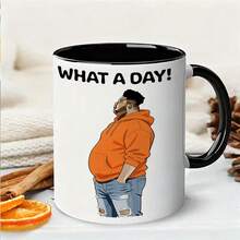 ¡"QUÉ DÍA!" Taza de cerámica con ilustración divertida, taza de agua de dos colores con humor, taza de café para el hogar/oficina, taza americana creativa, taza de desayuno de cerámica resistente al calor, taza emocional única para colegas, regalo divertido para amigos, taza decorativa de escritorio con estilo callejero, taza de viaje de alta calidad para estudiantes, taza para leche/jugo, taza con expresión americana retro - Multicolor - Ver 1