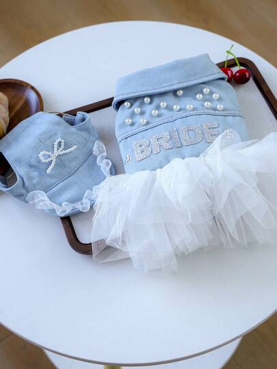 PETCIRCLE 两件套宠物服装，狗狗猫咪套装，适合小型犬幼犬，时尚可爱舒适连衣裙套装，含配饰，新娘牛仔裙+珍珠帽