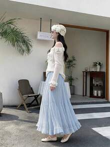 2026春夏新款女士柔美雪纺拼接褶裥A字裙，松紧腰荷叶边飘逸长裙 - 藍色 - 查看 6