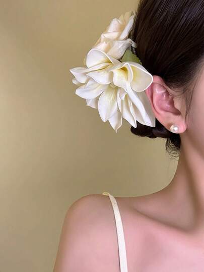 1pc Elegant Magnolia Flower Hair Clip, Seaside Resort Style Side Hair Accessory