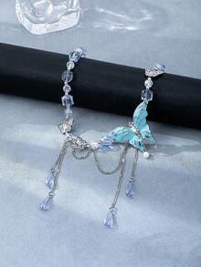 一款时尚朋克复古风个性化蓝色蝴蝶珍珠流苏珐琅项链，适合女性日常佩戴 - 彩色 - 查看 6