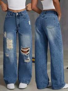 Quần jeans nữ dáng suông, ống đứng, rách nhẹ, dài đến mắt cá chân, dáng rộng, chất liệu không co giãn. - Màu xanh lam - Xem 1