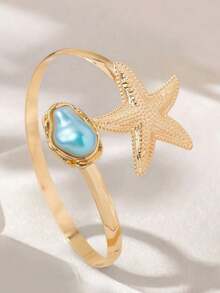 1件创意时尚新款海星开口手镯，仿巴洛克风格仿珍珠手链，优雅女士夏季沙滩派对婚礼假日音乐节礼物首饰 - 藍色 - 查看 3