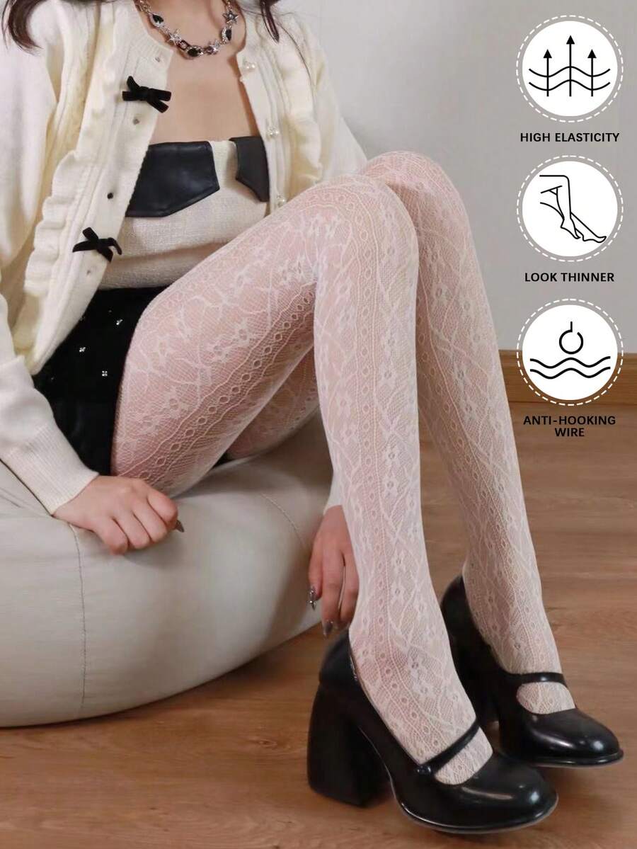 New Vintage French Floral Jacquard Fishnet Stockings, Niche Women's High Elasticity Vertical Striped Pantyhose - Multicolor - View 1