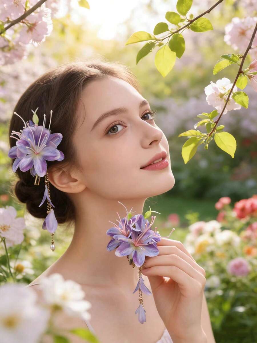 2个女士清新优雅仿薰衣草花朵珍珠发夹，适合日常佩戴，居家、学校、海滩、办公室、派对、节日、生日、返校、新年、情人节、母亲节、婚礼、音乐节、毕业典礼等场合。 - 紫色 - 查看 1