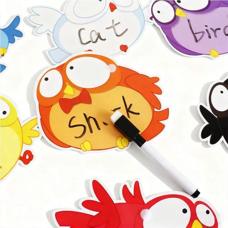 hoojojo 10张鸟形可擦写学习卡，双面覆膜，带马克笔，适合儿童练习书写，课堂教学辅助工具，教育文具，开学季必备 - 彩色 - 查看 8