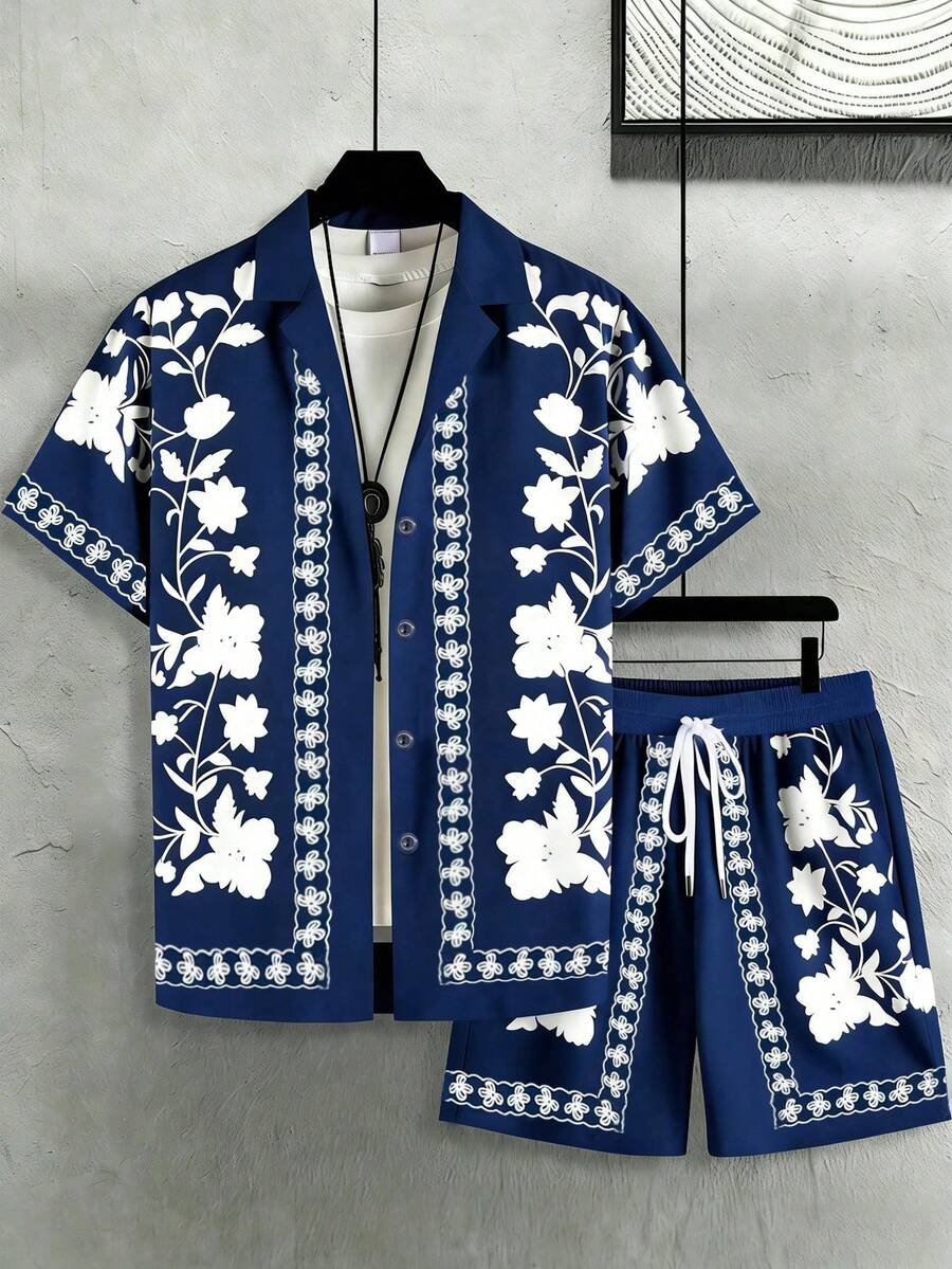 男士印花睡衣两件套 - 短袖衬衫（带领和口袋）、抽绳短裤、针织面料，适合春夏、度假/海滩穿着，也可作为男友生日礼物