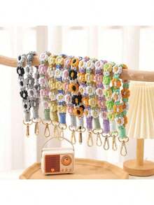 1pc Handmade Crochet Bohemian Style Daisy Wristband, Key Chain Strap, Water Bottle Handle Rope, Ideal Gift For Friends And Lovers School Car Accessories Cute Goth Y2k - Blue - View 5
