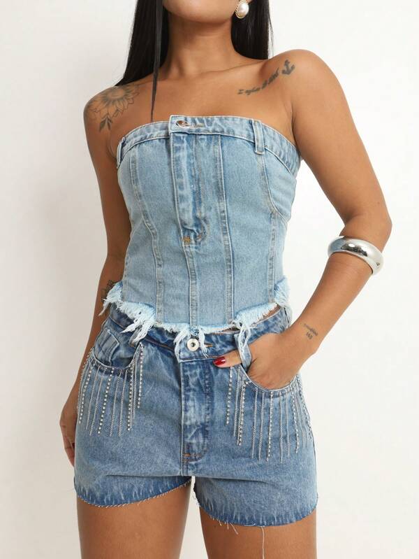 Cropped Jeans Corset  Top Tomara que Caia com Barra Desfiada - P ao GG