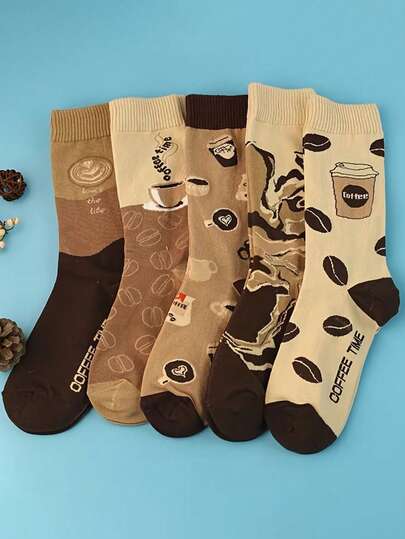 ZHIYITANG Random 1 Pair/2 Pairs/3 Pairs/5 Pairs Men's Mid-Calf Socks, Colorblock Cartoon Coffee Themed Pattern Design, Fashionable High-Quality Men's Socks, Breathable Moisture-Wicking, Suitable For Spring/Summer/Autumn, Casual/Sports/Street Style