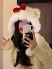 1pc Ladies' Cute Ear Design Ear Warmer Hat Made Of Polyester Fiber, Students Witch Winter Fall Valentine's Day Valentines - Black - View 4