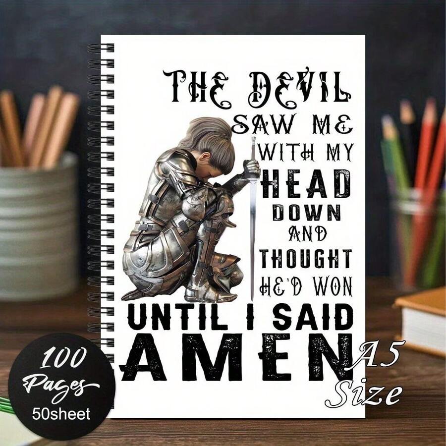 1pc Christian Warrior Christian Scripture Spiral Notebook - Inspirational Journal With Armored Figure Design, Faith Gift For Women And Men,100 Pages, Perfect For Daily Devotion And Bible Study - F - View 1