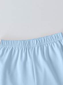 2pcs Girls Set, Round Neck T-Shirt With Color Block Shorts, Zebra Print And Rhinestone Bow Decor, Casual Outfit For School, Street Style, Daily Wear - Baby Blue - View 6