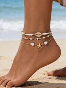 3pcs/Set Summer Beach Vacation Bohemian Starfish & Shell Beaded Layered Anklet Set (Women) - Gold - View 2