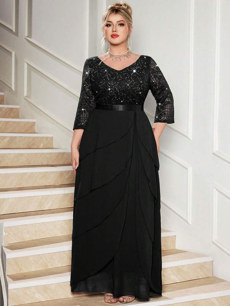 Vestido Longo Chiffon com Decote em V, Renda Floral com Lantejoulas e Babado na Barra, Elegante para Festa Formal, Convidado de Casamento, Aniversário, Formatura, Volta às Aulas, Cor Preta - Preto - Visão 6