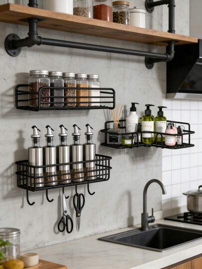 浴室厨房转角置物架，防锈铁质三角形储物架，无需钻孔即可存放洗漱用品