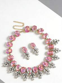 Bộ 3 món dây chuyền và bông tai, bộ trang sức cưới màu hồng thanh lịch, phù hợp với váy dạ hội, dự tiệc, làm quà tặng. - Bộ dây chuyền xinh xắn - Xem 1