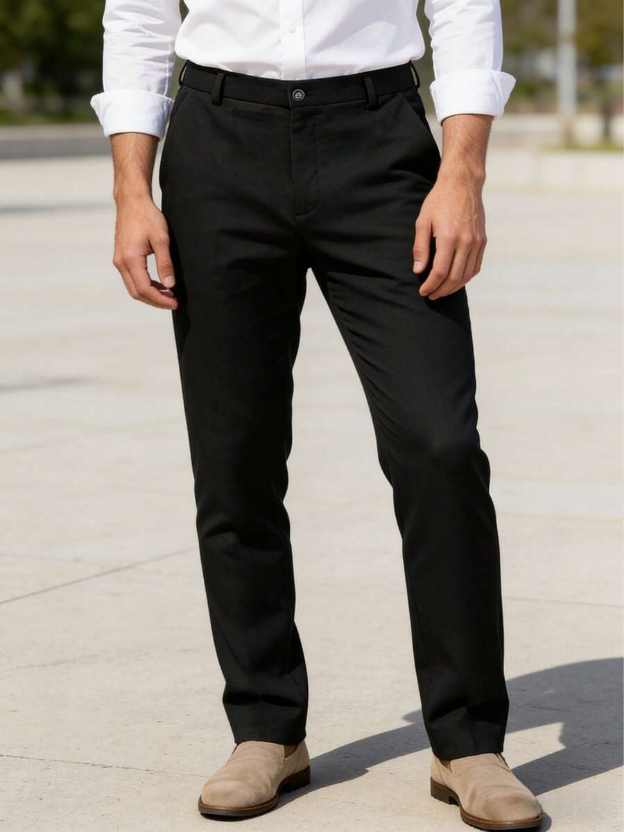 Men's Solid Color Knit Casual Pants, Men's Straight Leg Dress Pants, Slim Fit Trousers, Suitable For Work, Business, Commuting, Minimalist Casual - Black - View 1