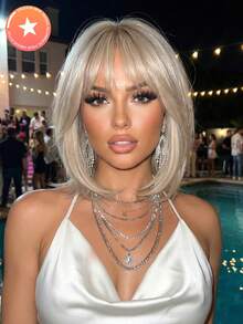 Elegant Linen Gold Women's Stright Wig With Short Bangs High Temperature Fiber Rose Net Cap Versatile Styling - Suitable For Cosplay, Parties, And Music Festivals - 亞麻金 - 查看 1