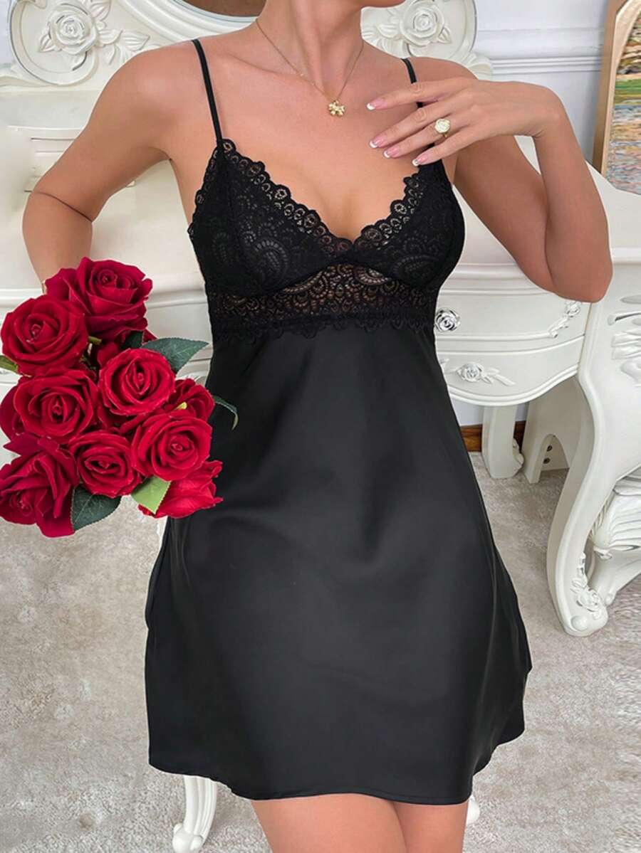 缎面蕾丝拼接性感吊带睡裙，女士睡衣 - 黑色 - 查看 1