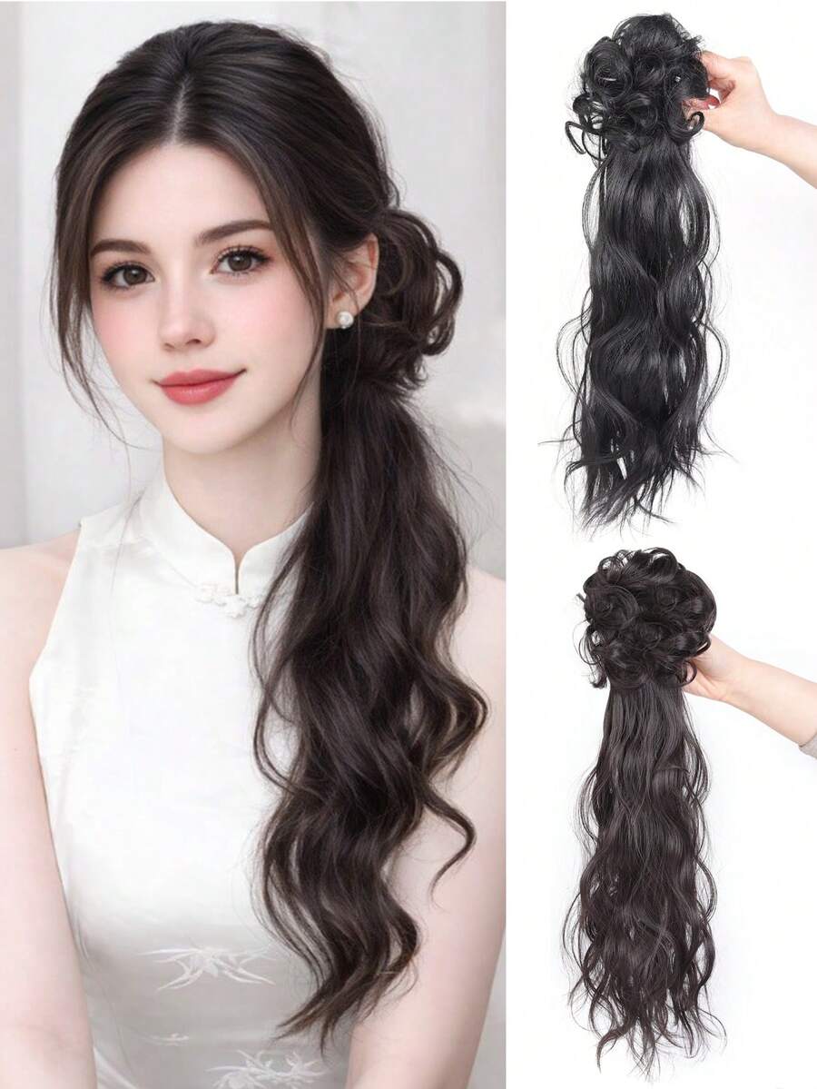 Synthetic Wig Messy Bun Ponytail Female Grasping Clip Wavy Wig Side Tied With Low Ponytail Temperament Fluffy Suitable For Women's Daily Wear And Gatherings - Multicolor - View 1