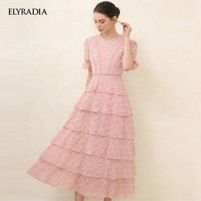 ELYRADIA Women's Summer Pink Lace Multi-Layered Long Dress, Fashionable Casual Elegant Party Formal Wedding Occasion Gown