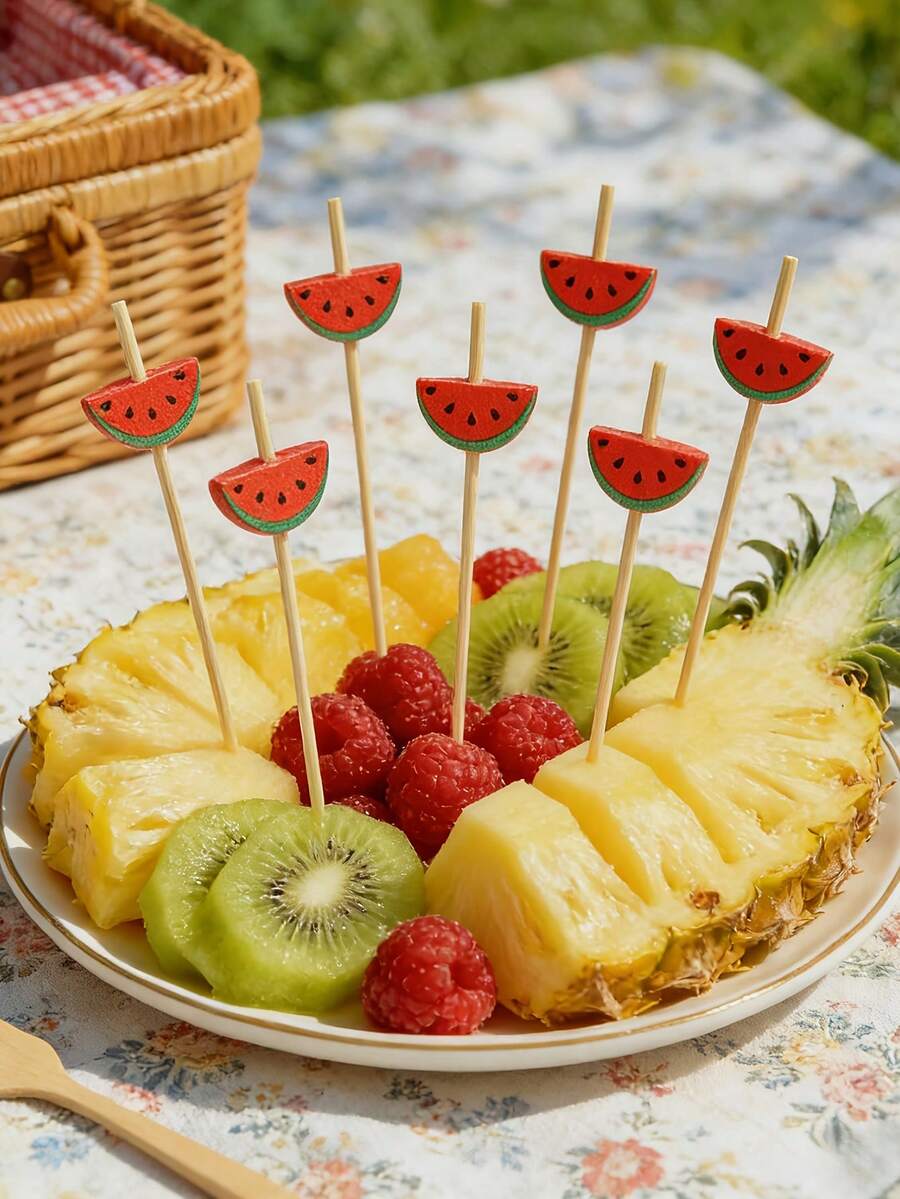 100支/包（12厘米/4.72英寸）可爱西瓜造型食物签，适用于酒店、餐厅和派对上的蛋糕、甜点、沙拉和三明治。 - 彩色 - 查看 1