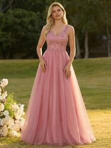 Mesh Patchwork Sequin Formal Evening Bridesmaid Dress Wedding Spring - Blush - View 4