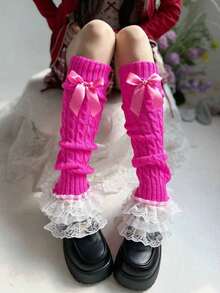 1 Pair Women's White Bow Lace Trim Flat Leg Warmers - 亮粉紅色 - 查看 8