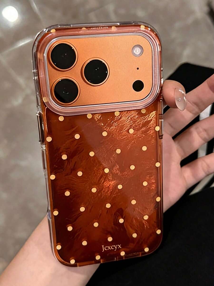 Luxury Bling Laser Yellow Polka Dots Phone Case Compatible With IPhone 17 Pro Max Air 16 15 14 13 12 11 Pro Max Plus Girl's Temperament Cute Orange Background Shockproof Back Cover - Orange - View 1